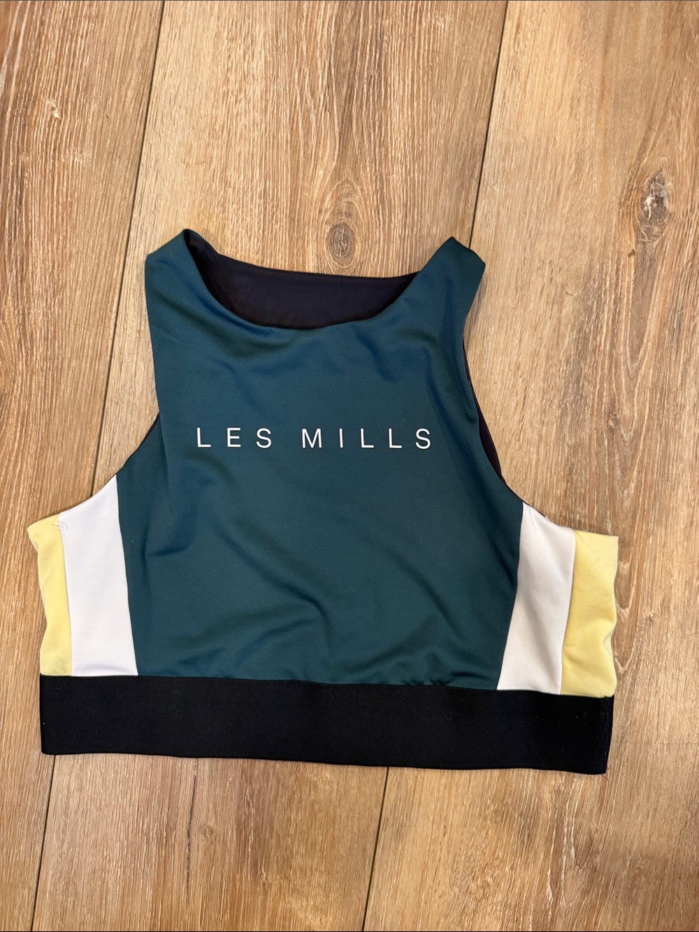 LES MILLS Teal Reebok Sports Bra with Yellow & White Panels